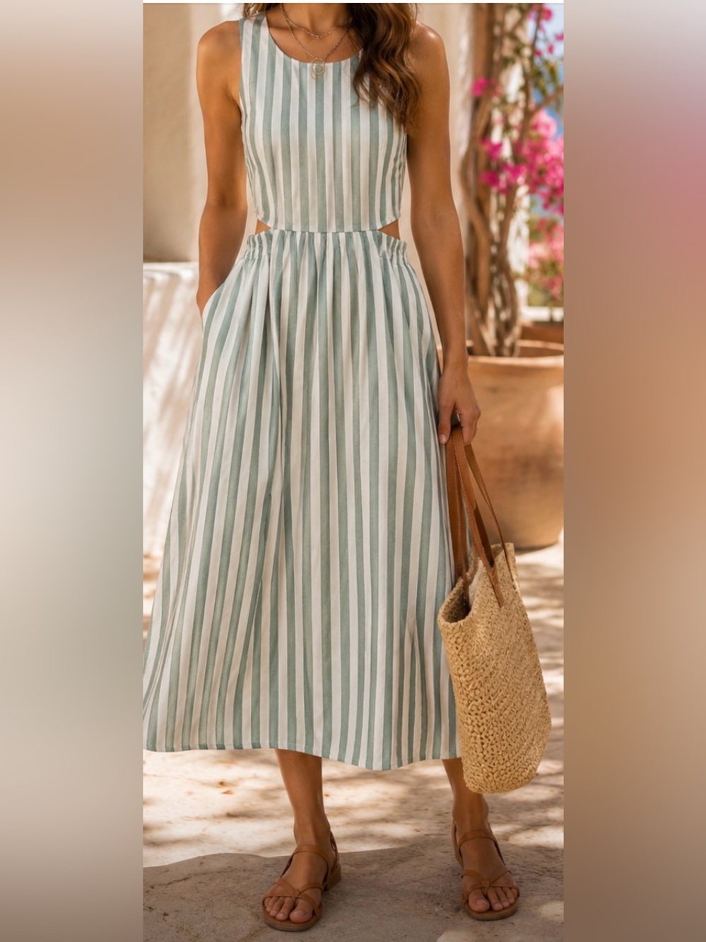 BRILLANT.MLLE White Green Stripe Cut Out Cotton Blend Midi Dress Large
